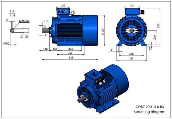 30KW μέθοδος ψύξης κινητήρες σκίουρου κλουβί με τοποθεσία πάνω τερματικό κουτί 200L